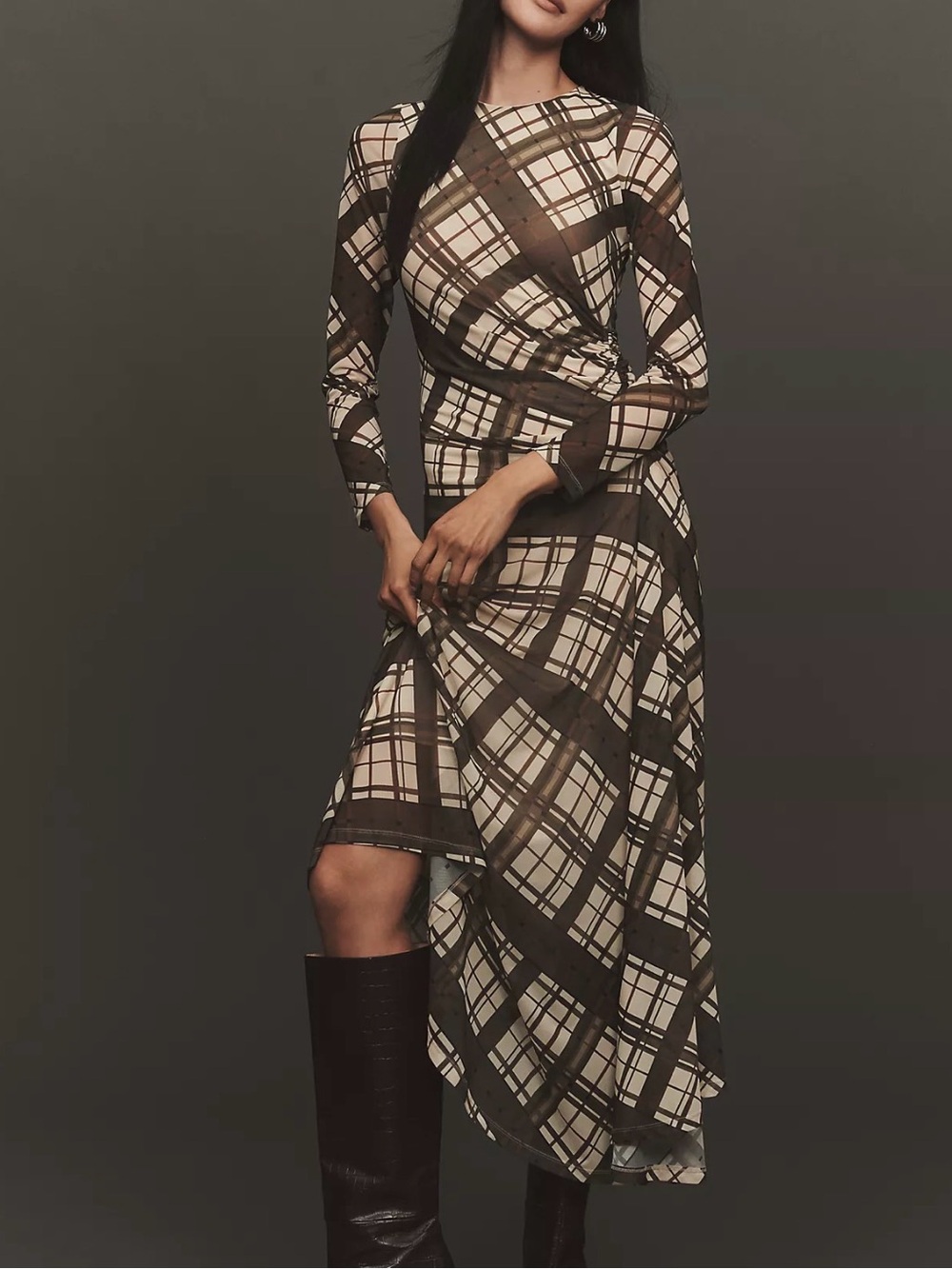 Anthropologie Long Sleeve Mesh Ruched Midi Dress